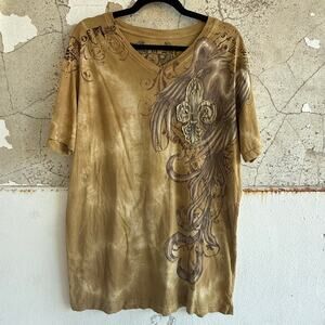 Ring of Fire T Shirt Mens XXL Gothic Angel Wings Foil Tee Tan Mineral Wash Y2K